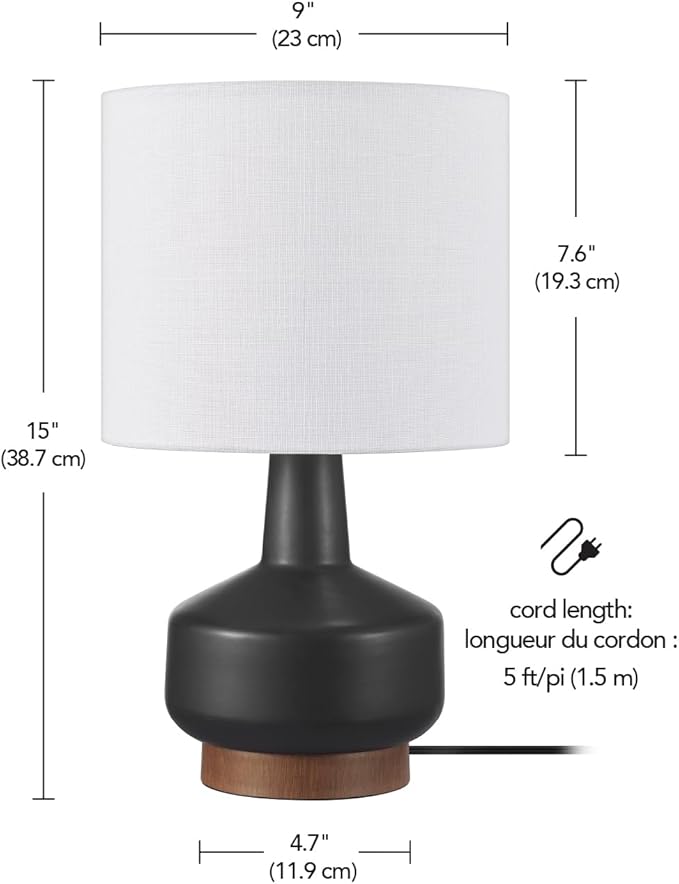 Globe Electric 15" Ceramic Table Lamp, Matte Black Base, Wood-Toned Accent, White Linen Shade, Dual Rotary Switch, Modern Bedroom or Office Lighting, 61000046