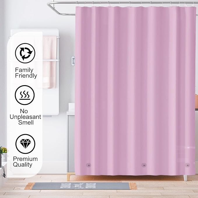 TIKABC Pink Shower Curtain Liner, 4G PEVA Shower Liner, Plastic Peva Waterproof Shower Curtains, 72x72 inch with Grommet Holes 3 Magnetic Weights