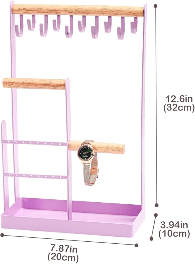 ProCase Jewelry Stand Holder Organizer, 4-Tier Necklace Holder with Ring Tray, 10 Hooks Necklaces Hanging Small Jewelry Display Storage Tower Tree for Bracelets Earrings Watches -Medium, Purple