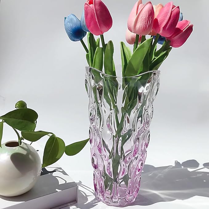 Unbreakable Flower Glass Vase 3.5lb 9.5inch Sparkle vase Bohemian Style, for Centerpieces,Kitchen,Office, Living Room,Wedding,Perfect Home Decor Glass Vase (Gradient Pink)