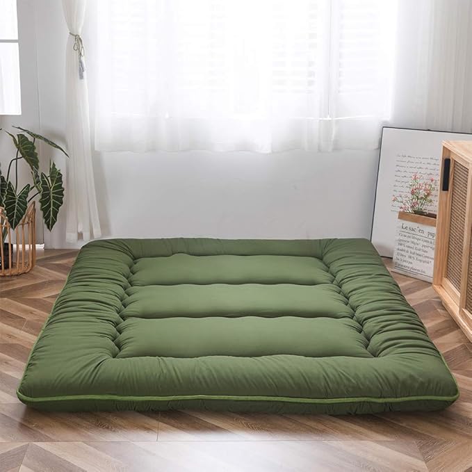MAXYOYO Japanese Floor Mattress Futon Mattress, Thicken Tatami Mat Shiki Futon Sleeping Pad Foldable Roll Up Mattress Guest Mattress Pad Floor Lounger Cushion, Green, King