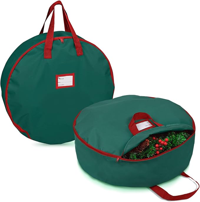 Primode Christmas Wreath Storage Bag 24",2 Pack Artificial Wreath Container,Garland Holiday Xmas Wreaths Holder,Sturdy Handles,Inner Straps,Card Slot Dual Zipper Strong Oxford (24 Inch, Green)