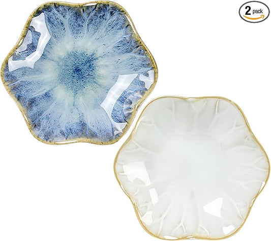 2Pcs Ceramic Jewelry Dish - Lotus Leaf Shape, for Ring Holder Necklace Small Key, Suitable for Mother Friend Sister, Gifts for Women, Cute Plate Trinket Tray, Home Decor (Light Blue & White)