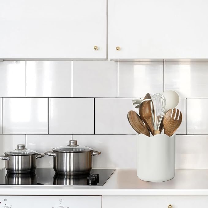 Ceramic Utensil Holder for Kitchen Counter, 6.2" Large Kitchen Utensil Holder for Countertop with Cork Bottom, Cooking Tool Organizer for Spatula, Matte White