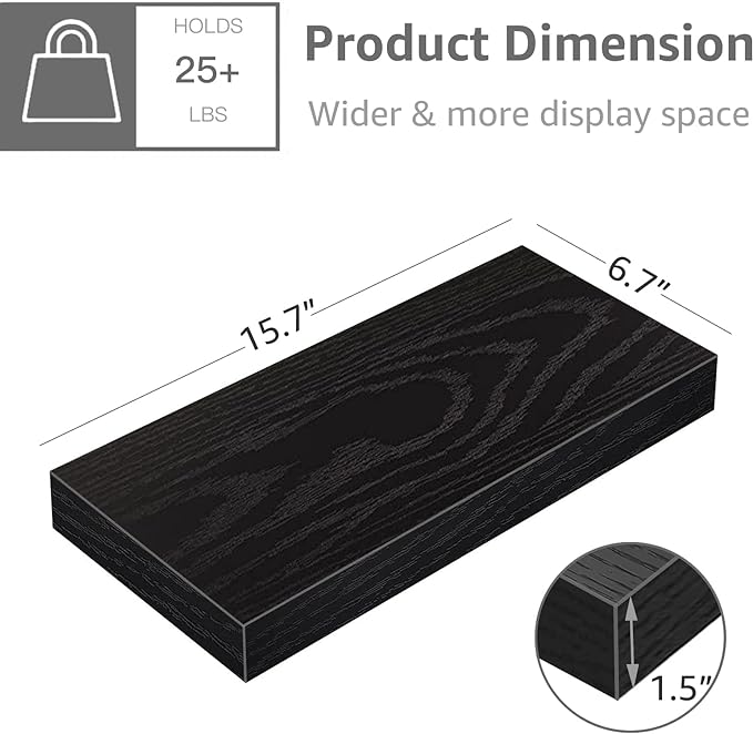 QEEIG Floating Shelves for Wall Bathroom Shelf Bedroom Kitchen Living Room Farmhouse Small Book Shelf 16 inch Set of 2, Black (015-B2)