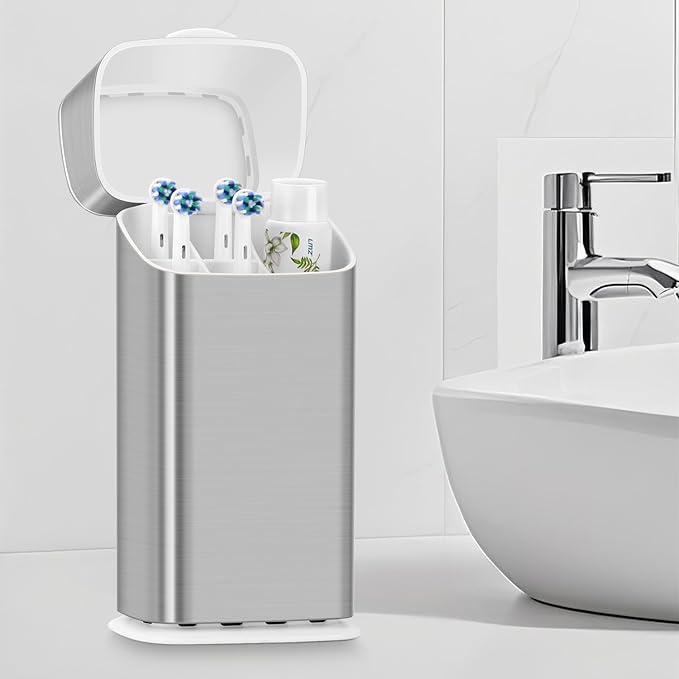 GFWARE Electric Toothbrush Holders with Cover - Dustproof Tooth Brush Holder for Bathroom, Covered Toothpaste and Toothbrush Holder with Drainage, Bathroom Toothbrush Organizers with Lid, Silver