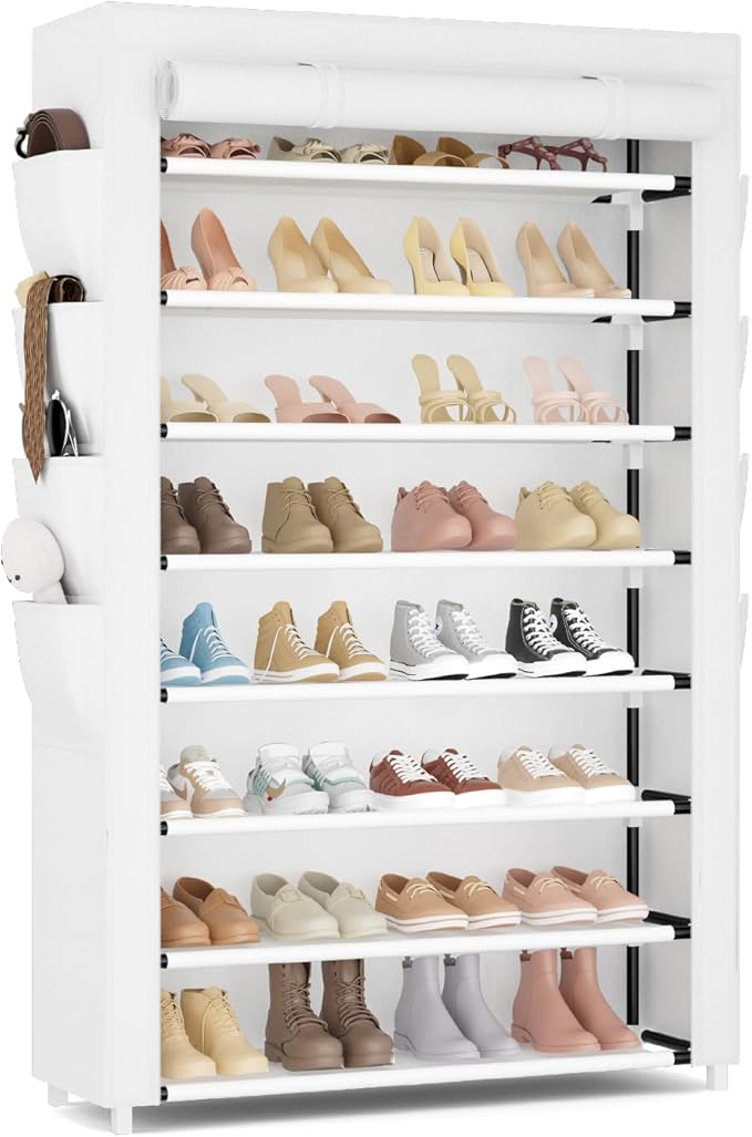 VILICK Shoe Rack with Cover, 8 Tier Tall Shoe Organizer Storage for 36-45 Pair Shoes and Boots Large Shoe Storage Shelf Free Standing Shoe Rack for Closet, Front Door Entrance, Dorm, Garage, White
