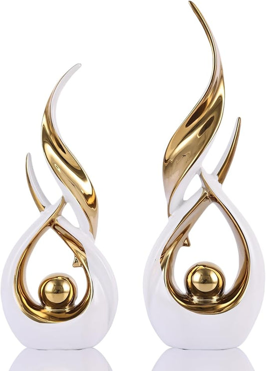 2-Piece Abstract White and Gold Home Decor, Ceramic Abstract Sculpture, Modern Art Piece, Suitable for Room Coffee Table Countertops, Office Bookshelves, Dining Table Centers, Entryway Decor.