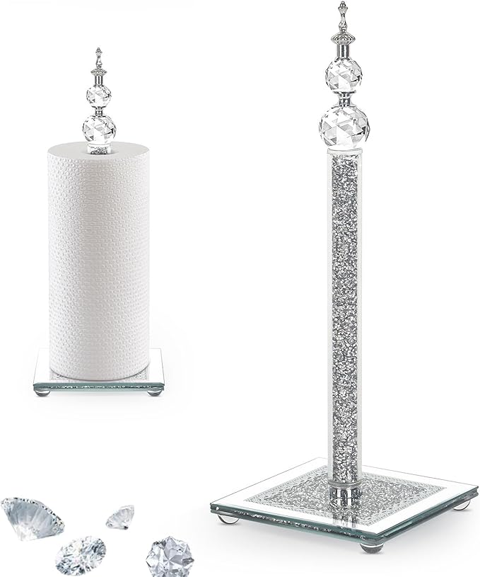 Crystal Paper Towel Holder, Bling Silver Paper Towel Roll Holder, Decor Standing Paper Towel Holder with Weighted Base, Paper Towel Dispenser for Kitchen Countertops Bathroom, Anti Slip(Square/Silver)