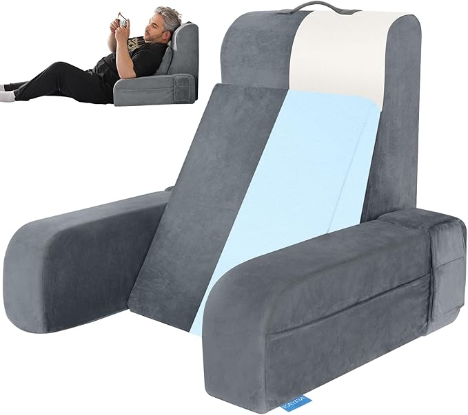 Kayfia Reading Pillow, 10 in 1 Back Pillow for Bed Sitting up with Detachable Arms Rest, Back Rest with Gel Memory Foam, Reading/Gaming/Working in Bed or Couch 21'', Gray