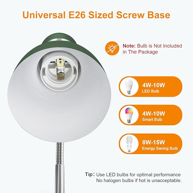 LEPOWER Metal Desk Lamp, Adjustable Goose Neck Table Lamp, Eye-Caring Study Desk Lamps for Bedroom, Study Room and Office (Green)