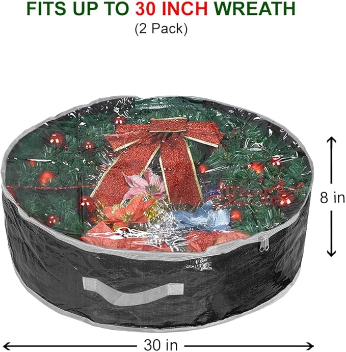 ProPik Christmas Wreath Storage Bag 30" - Garland Holiday Container with Clear Window - Tear Resistant Fabric - 2 Pack (30 Inch, Black)