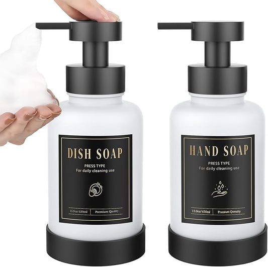 Luxspire Foaming Soap Dispenser, Glass Foam Pump Soap Dispenser, Non-Slip Hand Soap Bottle with 5 Waterproof Labels, 15 Oz Refillable Liquid Soap Bottle for Bathroom & Kitchen, White, 2 Pack