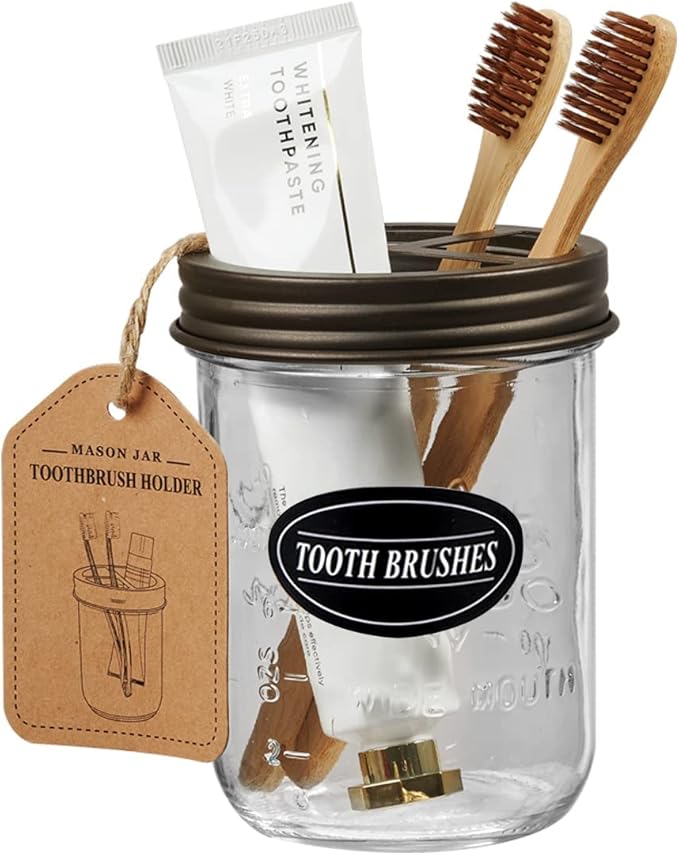 Mason Jar Toothbrush Holder -Bronze - with 16 Ounce Mason Jar,Premium Rustproof 304 Stainless Steel Lid and Chalkboard Labels - Rustic Farmhouse Decor Black Bathroom Accessories