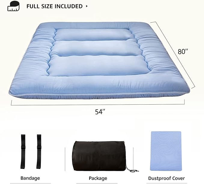 MAXYOYO Japanese Floor Mattress Futon Mattress, Thicken Sleeping Pad Foldable Roll Up Floor Futon for Adults Tatami Mat Dormitory Lounger, Dusty Blue, Full Size