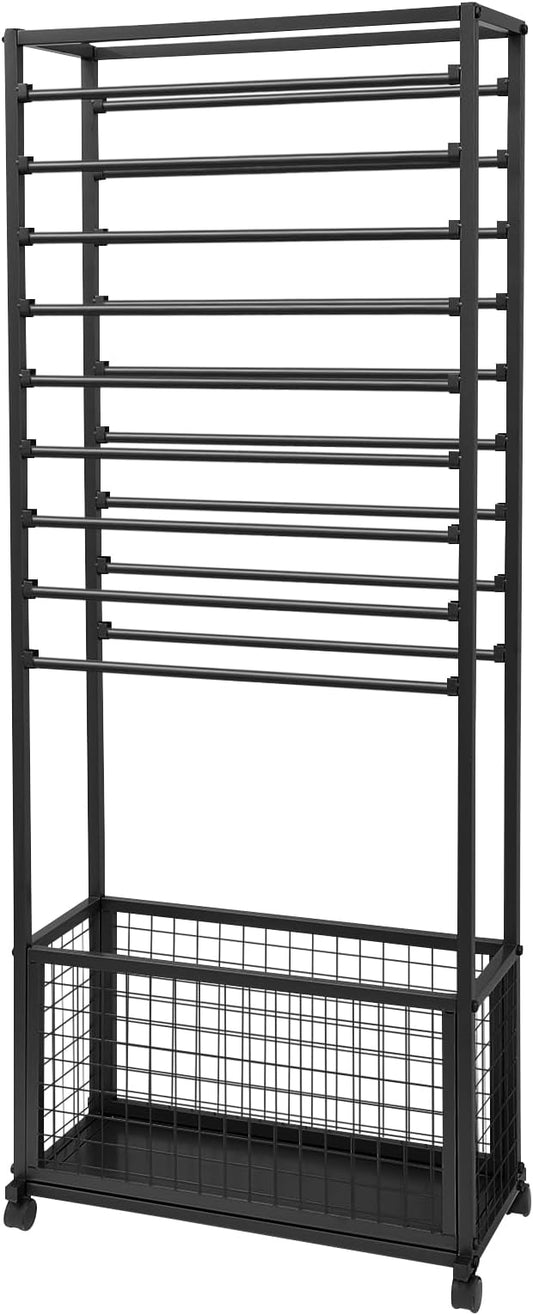 20 Tier Ribbon Holder Organizer Rack, Metal Double-Sided Ribbon Spool Storage Shelf with Wheels, Rolling Flower Wrapping Paper Storage Stand for Craft Room Flower Shop Gift Wrapping(Taller, Black)