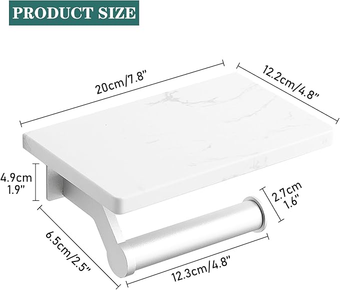 Hoimpro Brushed Silver Aluminum Toilet Paper Holder with White Natural Marble Shelf, Wall Mounted Tissue Hand Paper Roll Storage Holder for Bathroom Kitchen Washroom Bedroom