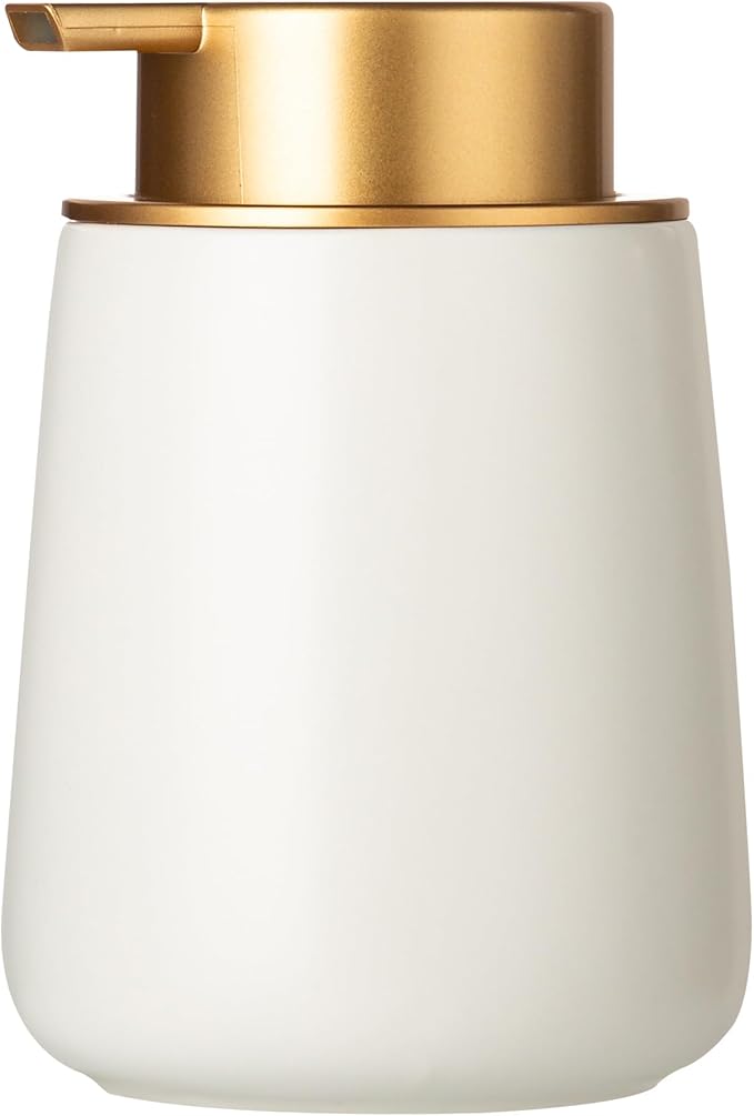 Enra Ceramic Soap Dispenser, 12 Oz Wide-Mouth Hand Lotion Dispenser with Gold Pump, White Refillable Dish Soap Dispenser for Kitchen & Bathroom Countertop Decor