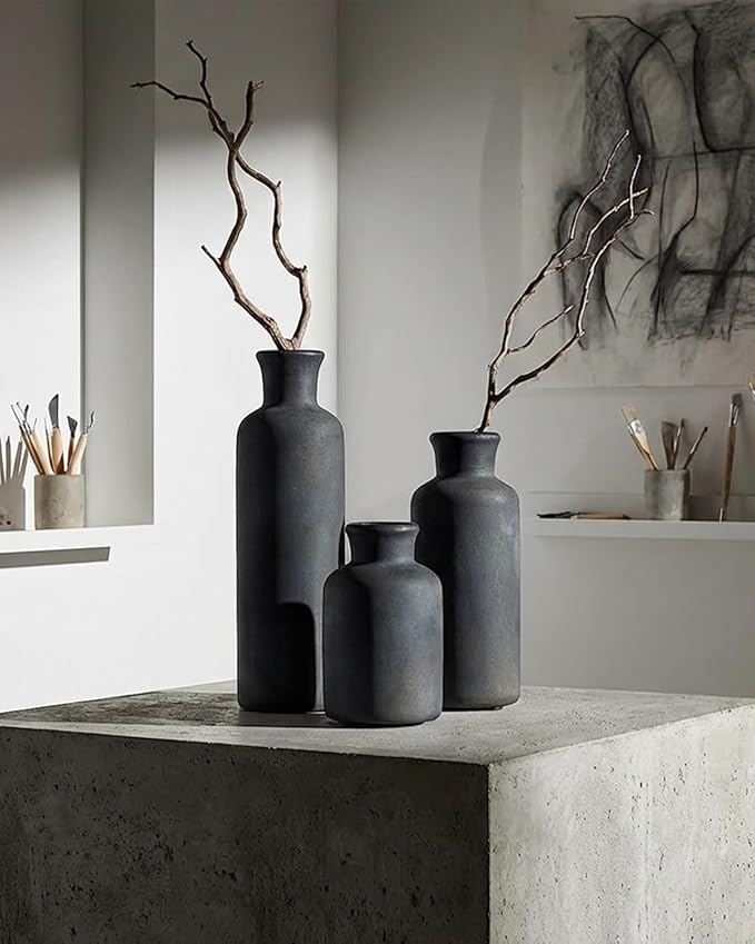 Black Ceramic Vases Set – Rustic Vintage Matte Decorative Flower Vases with Brushed Gold Effect for Home Decor, Living Room, Dining Table & Mantel Centerpieces