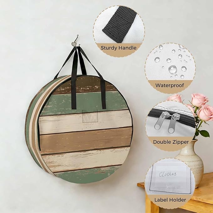 Retro Round Storage Bag 36 Inch, Brown Green Stripe Antique Wood Background Clothes Storage Container with Handles Heavy Duty Organizer for Comforter, Bedding & Holiday Wreaths