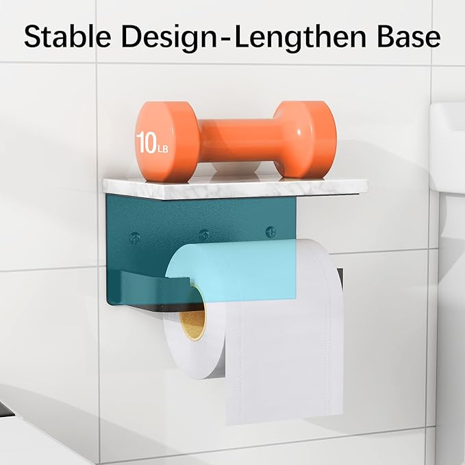 Gypie Toilet Paper Holder with Shelf, Extended Base Wall Mounted, Marble Toilet Roll Holder Black for Bathroom Washroom