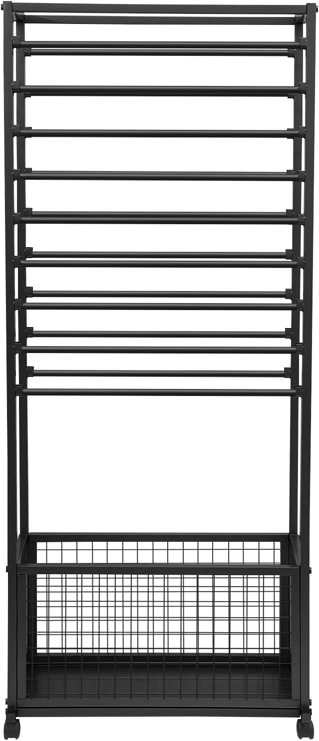 Mobile Ribbon Holder Double-Sided Ribbon Organizer Rack with 20 Hanging Rods Multifunctional Flower Wrapping Paper Storage Stand with Lockable Wheels Wrapping Paper Rack (26.38*12.6*66.93in, Black)