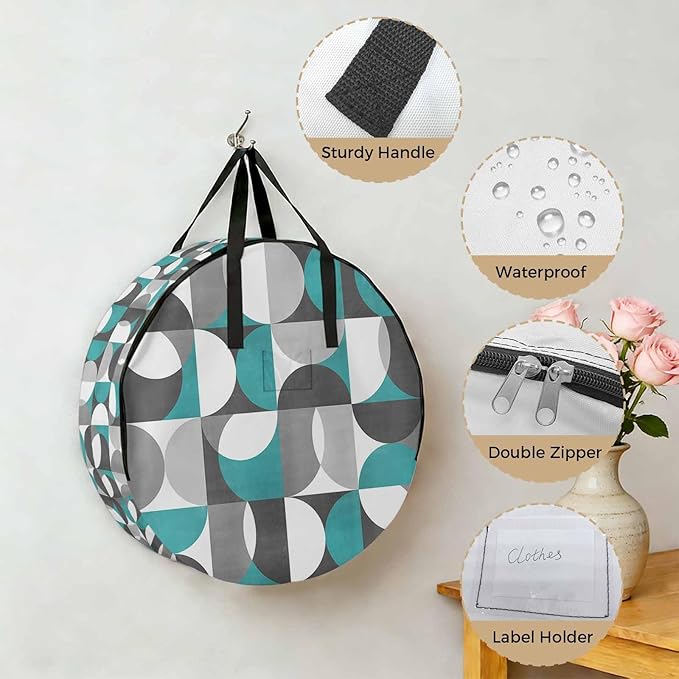 Storage Bag Mid Century Geometric Round Storage Totes Bins Closet Organizers with Zippers & Handle Abstract Modern Teal Clothes Storage Container for Bedroom Dorm Space Saving Packing Supplies Bags