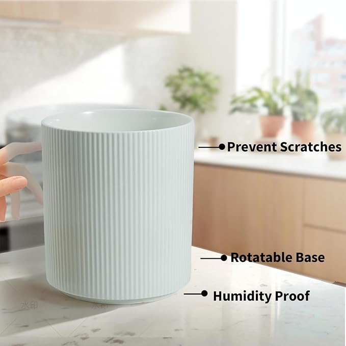360° Rotating Utensil Holder for Kitchen Counter, 7.6'' Extra Large Utensil Caddy for Countertop, Modern Utensil Organizer for Spatula, with Rotatable Bamboo Base, White