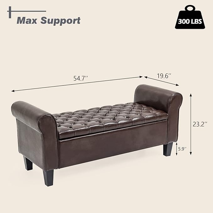 ECOTOUGE Brown Ottoman with Storage for Living Room, Leather Upholstered Bench Footrest, Rolled Arm Foot Stool for Bedroom, Brown