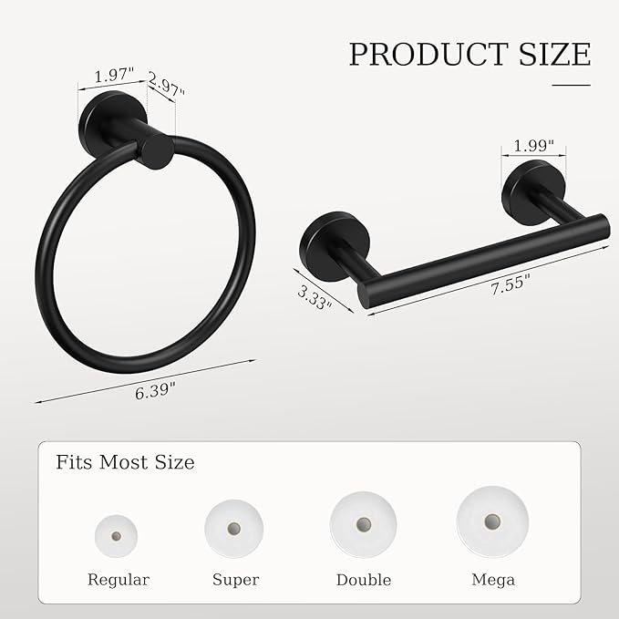 Matte Black Toilet Paper Holder Wall Mount & Towel Holder, Bathroom Hardware Set-SUS304 Stainless Steel Double Post Pivoting Tissue Roll Holder and Hand Towel Ring Set for Bathroom, RV