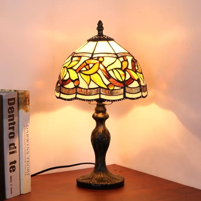 MIAOKE Stained Glass Table Lamp,Stained Glass Crystal Bead Style Table Light, Handmade Desk Bedside Night Light, Antique Art Craft Gifts Lover Living Room Bedroom Bookcase (Lace Baroque)