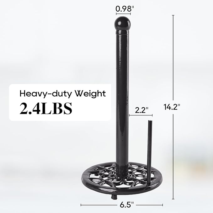 JOGREFUL Paper Towel Holder Stand, Cast Iron Kitchen Paper Towel Countertop Vintage Stand with Weighted-Base, Bathroom Organization for Family Standard Large Size Roll Paper, Classic Style, Black