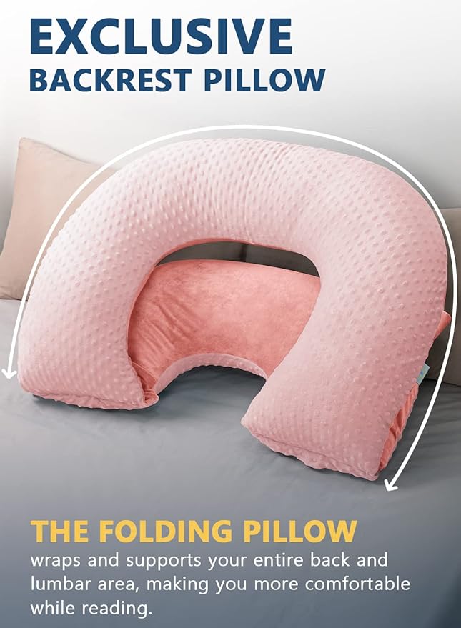 INSEN Reading Pillow, Back Pillow for Sitting in Bed for Reading, Nurse & Relax, Reading Pillow for Adults, Moms & Kids, Sit Up Pillow for Bed, Double-Sided Pink