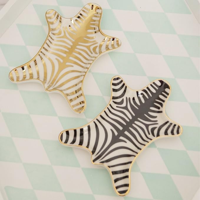 Zebra Stripe Jewelry Tray Ceramic Dishes Plate Gilded 5.9", Gold