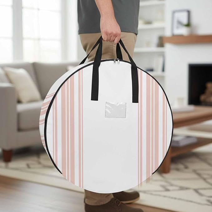 Storage Bag Pink Stripes Round Storage Totes Bins Closet Organizers with Zippers & Handle Simple Style Clothes Storage Container for Bedroom Dorm Space Saving Packing Supplies Moving Bags