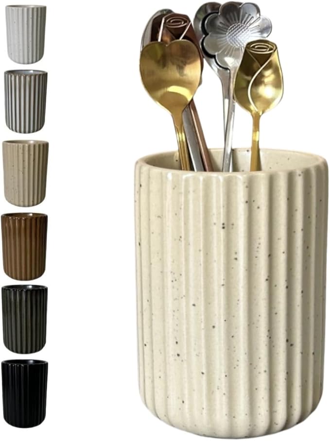 TOPYOKK Stoneware Coffee Bar Utensil Holder Tea & Coffee Spoon & Stirrer Holder for Stir Stick Straw Teaspoon Holder Spoon Cup Small Utensil Jar Fluted Vertical Stripe (Speckled Beige)