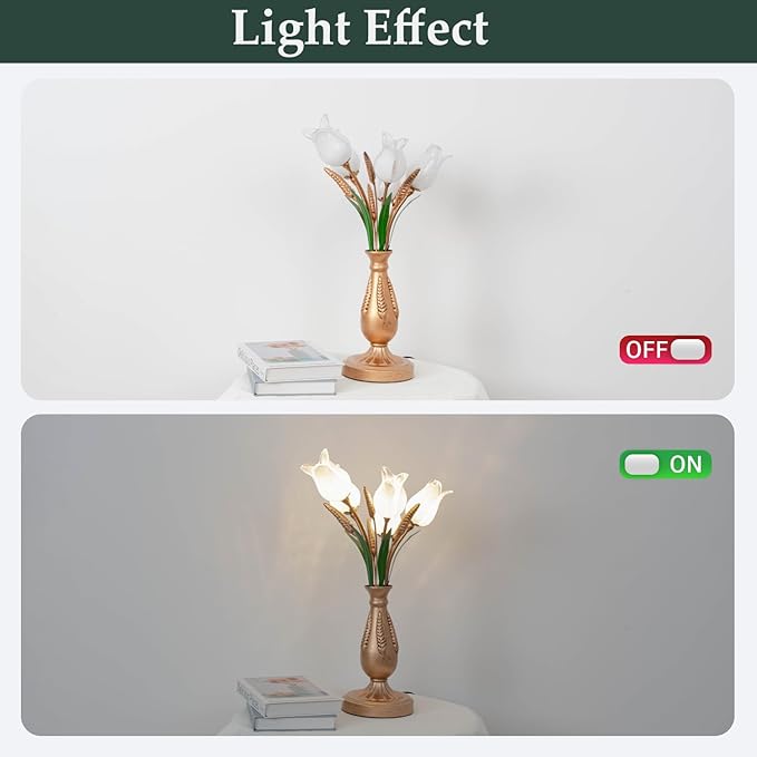 Skyblaze Classic Style Table Lamp with Flower Glass Shade, Elegant Flower Night Light, Art Deco Accent Table Lamp for Bedroom Living Room (White, 5 Lights)