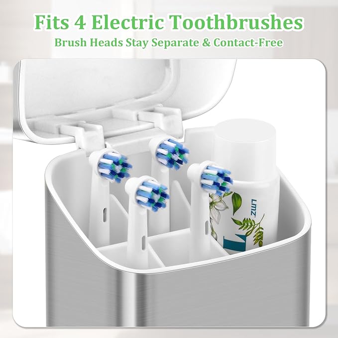 GFWARE Electric Toothbrush Holders with Cover - Dustproof Tooth Brush Holder for Bathroom, Covered Toothpaste and Toothbrush Holder with Drainage, Bathroom Toothbrush Organizers with Lid, Silver