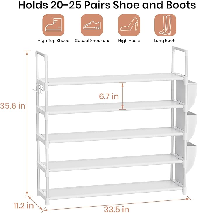 VILICK Shoe Rack for Closet Shoe Organizer Space Saver Storage for 20-25 Pair Shoe Shelf with Hook and Side Pocket Free Standing 5 Tier Shoe Rack Organizer for Entryway,Small Spaces, White