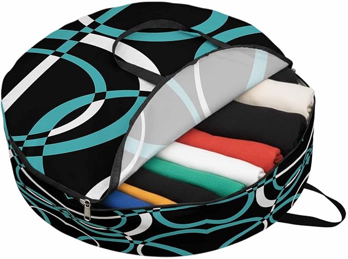 Storage Bag Turquoise Black Geometric Circle Round Storage Totes Bins Closet Organizers with Zippers & Handle Modern Abstract Lines Clothes Storage Container for Bedroom Space Saving Packing Supplies