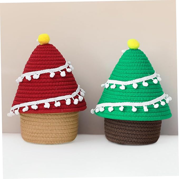 Hemobllo Christmas Tree Woven Cotton Rope Basket with Lid Decorative Sundries Storage Container for Living Bedroom and Bathroom Organization Cute Nordic Style Red Holiday Organizer