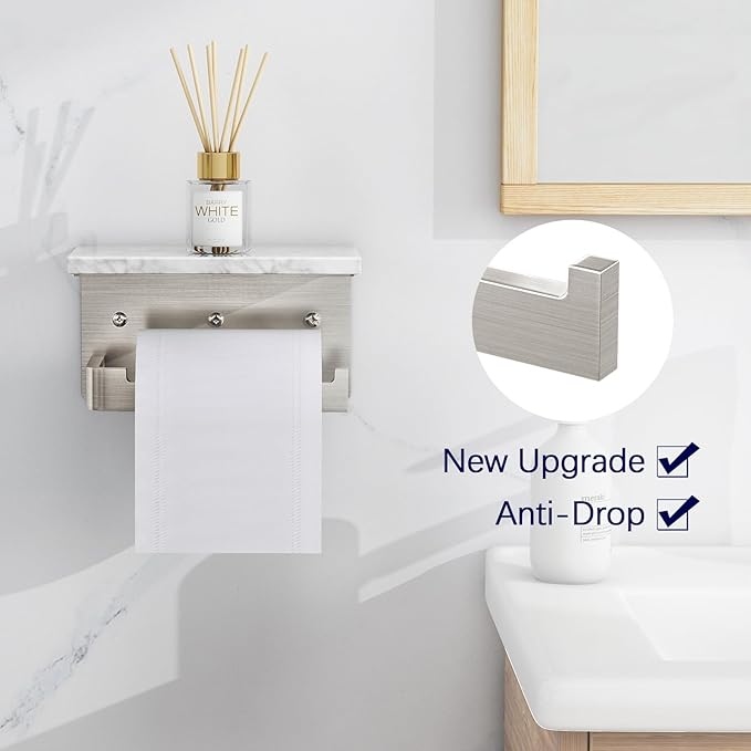 Gypie Toilet Paper Holder with Shelf, Extended Base Wall Mounted, Marble Toilet Roll Holder Brushed Nickel for Bathroom Washroom