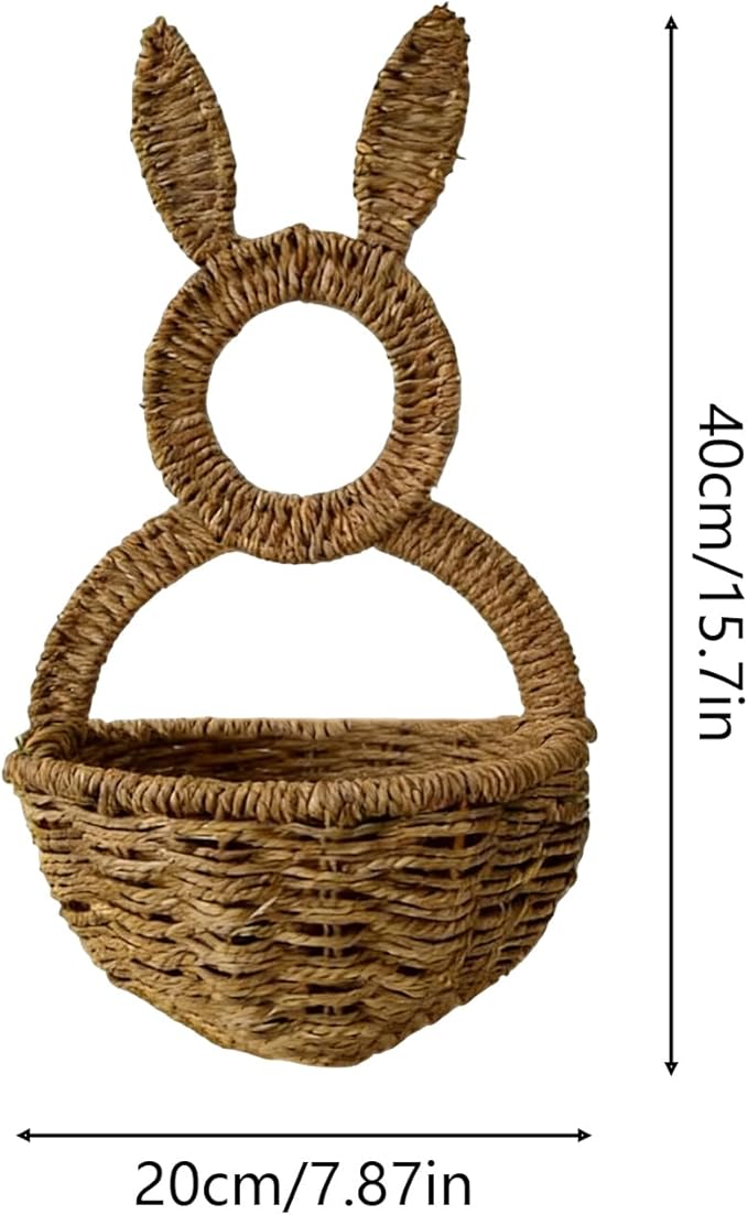 Easter Bunny Wall Basket, 15.8x7.9x3.9 Inch Natural Wicker Woven Rattan Porch Wall Pocket With Rabbit Ears, Decorative Storage Basket, Farmhouse Spring Home Decor