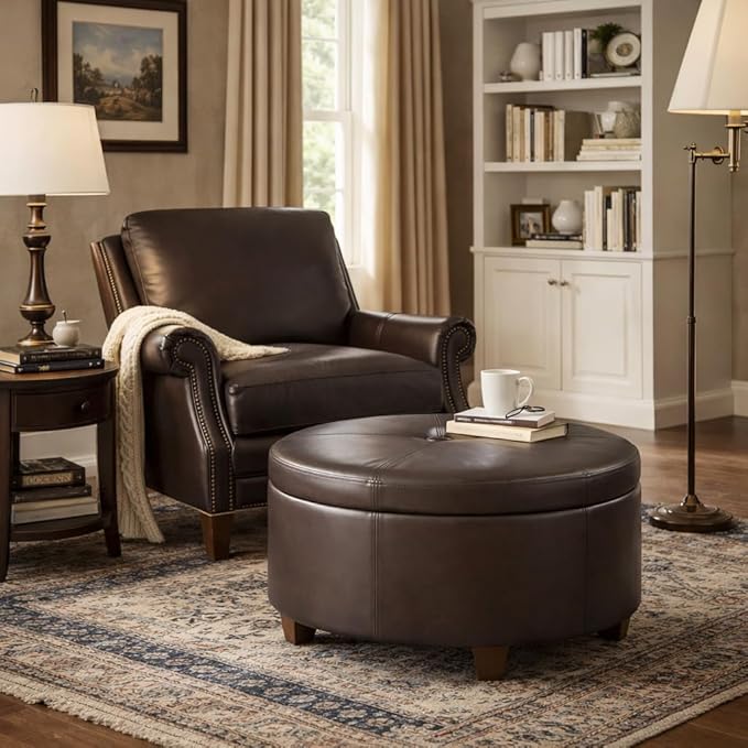Homepop Home Decor | Upholstered Faux Leather Large Tufted Round Storage Ottoman | Button Top Ottoman with Storage for Living Room & Bedroom | Decorative Home Furniture, Vintage Brown Faux Leather