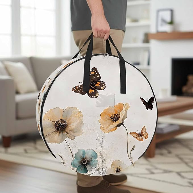 Blue Brown Floral Round Storage Bag 36 Inch, Butterfly Plant Pastoral Style Clothes Storage Container with Handles Heavy Duty Organizer for Comforter, Bedding & Holiday Wreaths