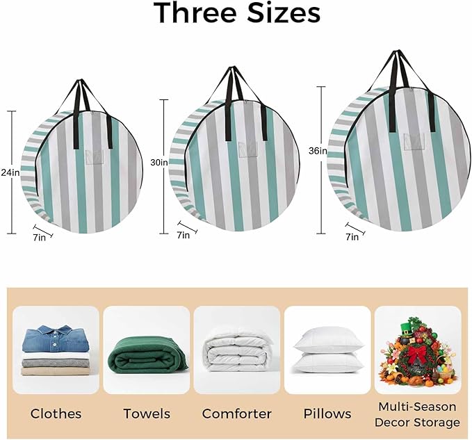Storage Bag Turquoise Grey Stripes Round Storage Totes Bins Closet Organizers with Zippers & Handle Contrast Striped Clothes Storage Container for Bedroom Dorm Space Saving Packing Supplies Bags
