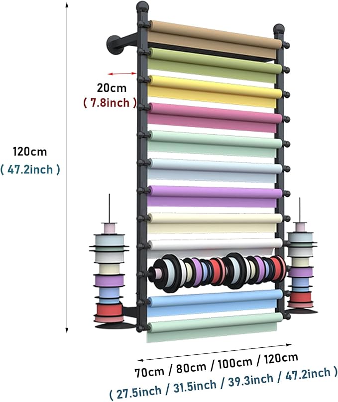 Ribbon Display Storage Organizer Wire Spool Rack Wrapping Paper Shelf Wall Mounted,Detachable Ribbons Tray&Removable Crossbars,Black,70X20X120Cm