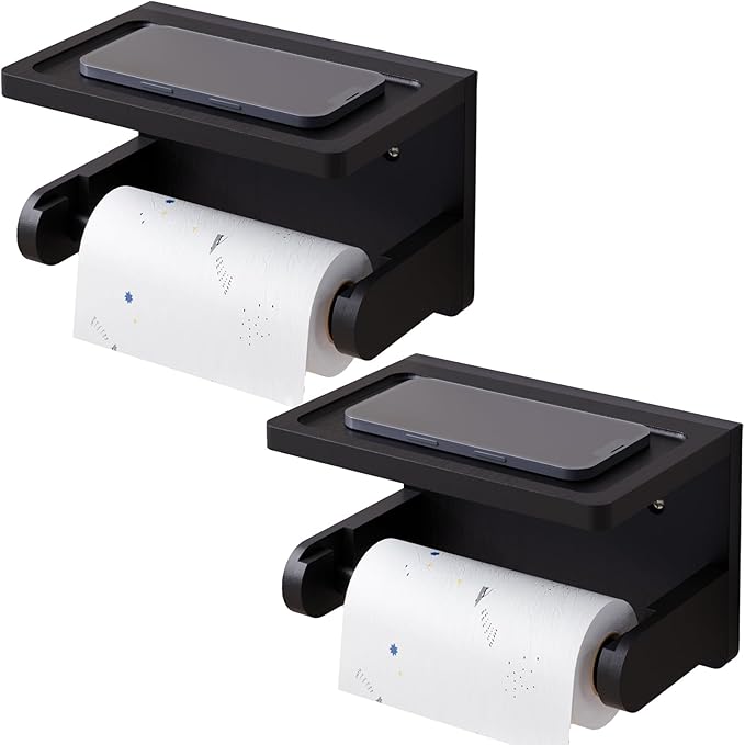 VERTORGAN 2 Pack Toilet Paper Holder with Phone Shelf,Bamboo Wall Mounted Tissue Roll Holder for Bathroom(Black)