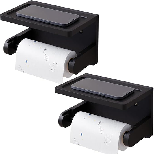 VERTORGAN 2 Pack Toilet Paper Holder with Phone Shelf,Bamboo Wall Mounted Tissue Roll Holder for Bathroom(Black)