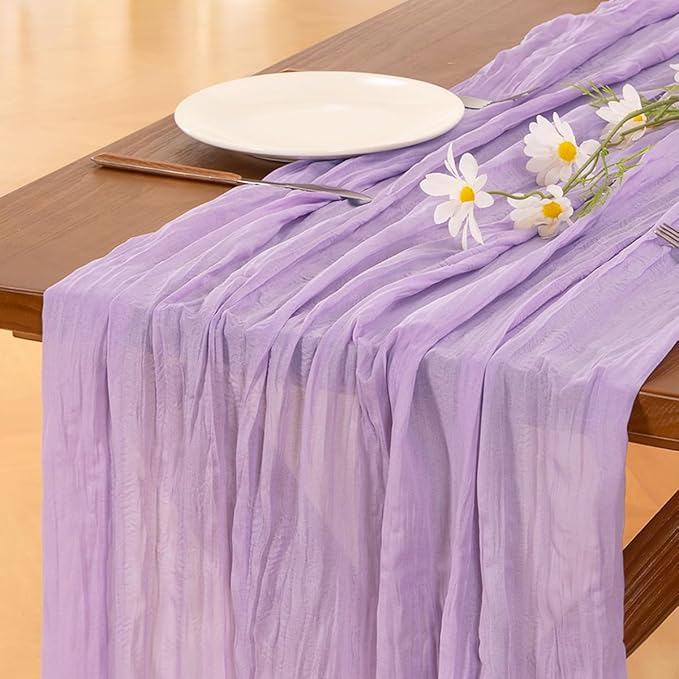 Socomi 2pcs Lilac Purple Lavender Cheesecloth Table Runner Easter Spring Boho Rustic Gauze 120 inch 10FT Cheese Cloth Runner for Wedding Party Baby Shower Birthday Home Decor Holiday Decorations